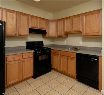 Kitchen with wooden cabinets and sleek black appliances