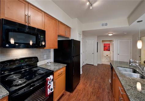 Contemporary kitchen with black GE appliances and built-in microwave Contemporary kitchen with black GE appliances and built-in microwave