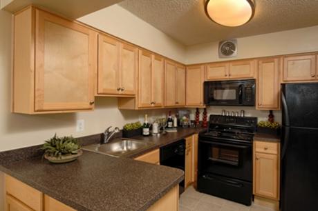 Renovated kitchen with sleek black appliances